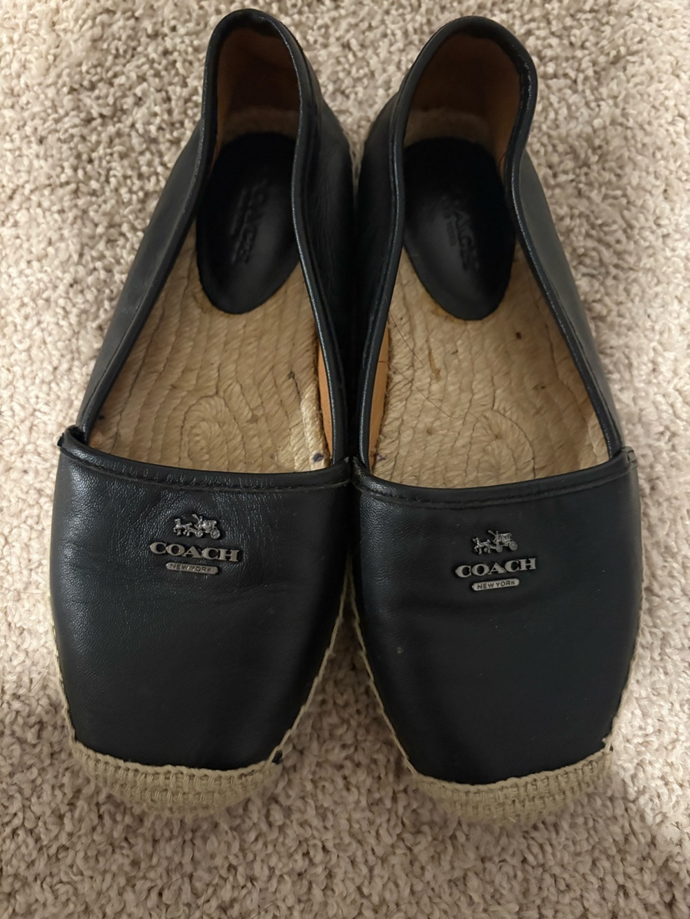 Coach Black Leather Espadrille Slip-On Loafers with Logo Plaque